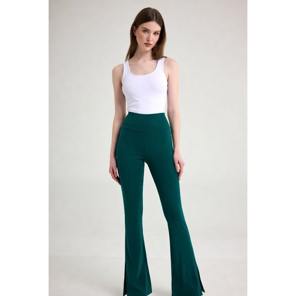 Zara Forest Green Ribbed High Waisted Flared Side Slit Pants Size XL